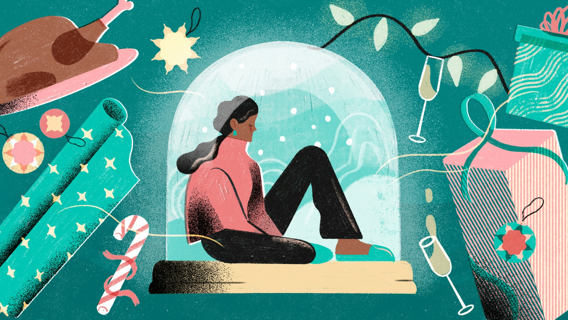 Girl sitting in snow globe 