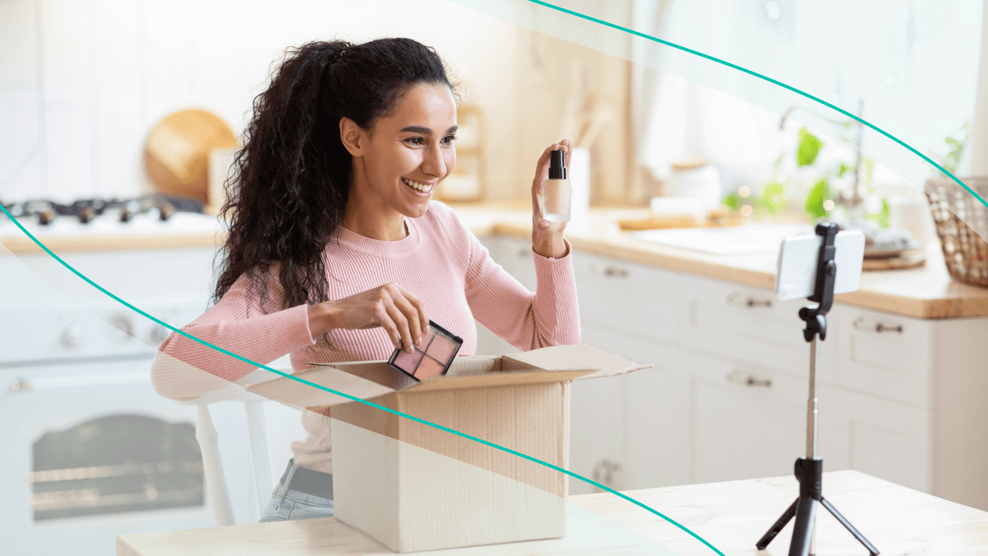 An influencer unboxing products in front of her camera