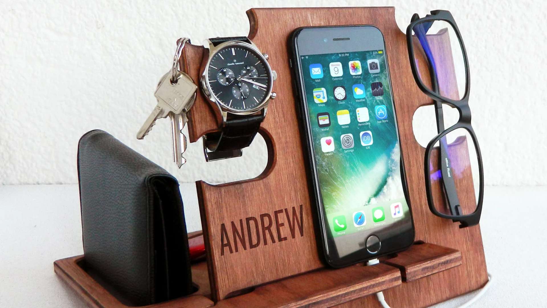 bedside docking station phone and glasses