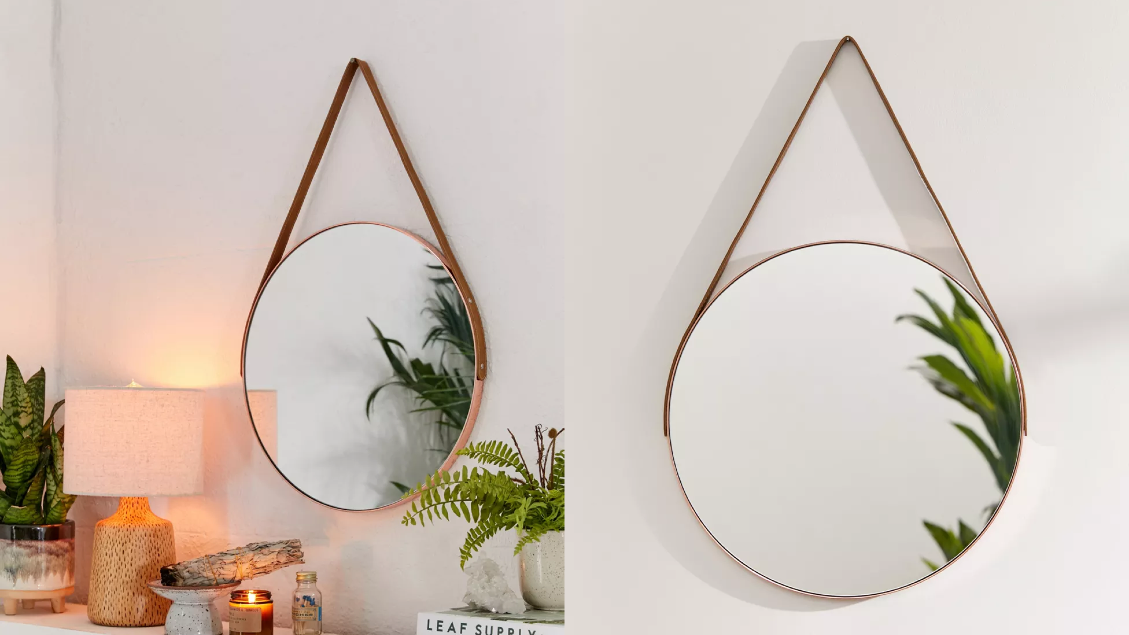 round mirror with leather hanging strap