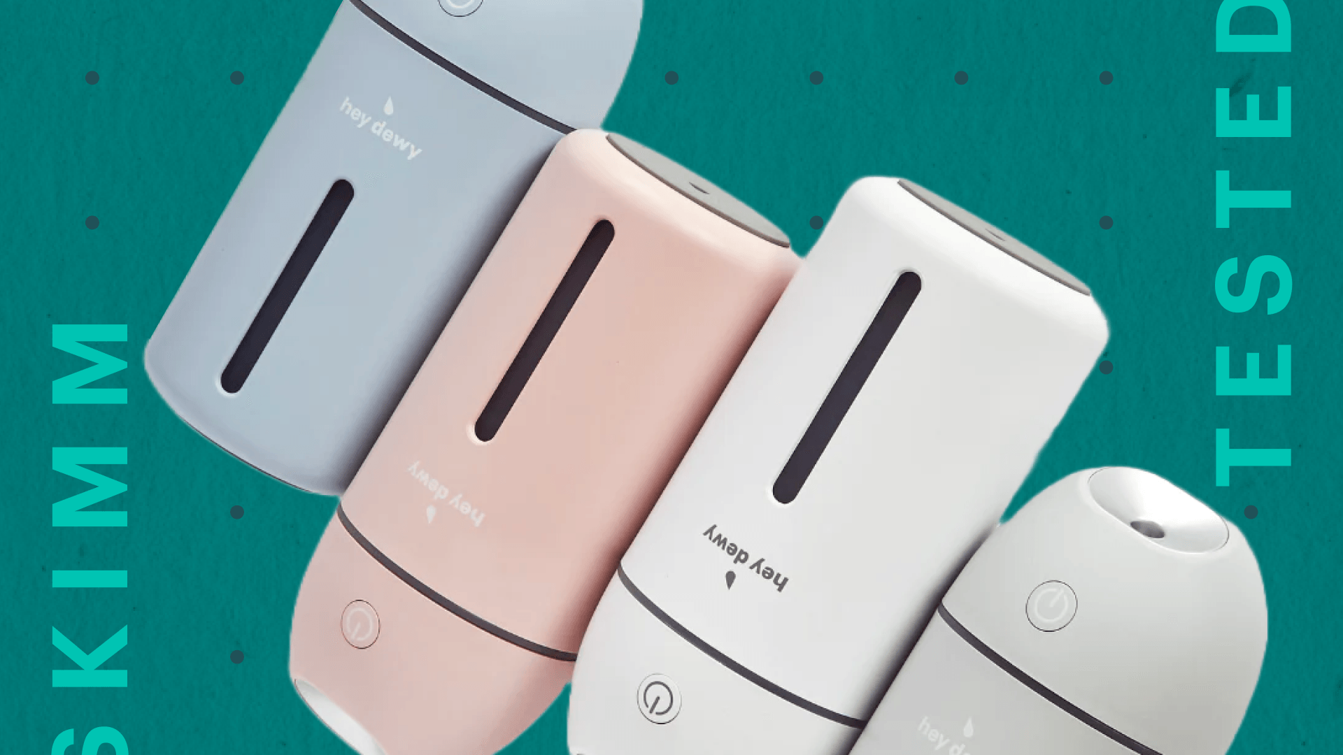 Four Hey Dewy humidifiers in varying colors stacked next to one another