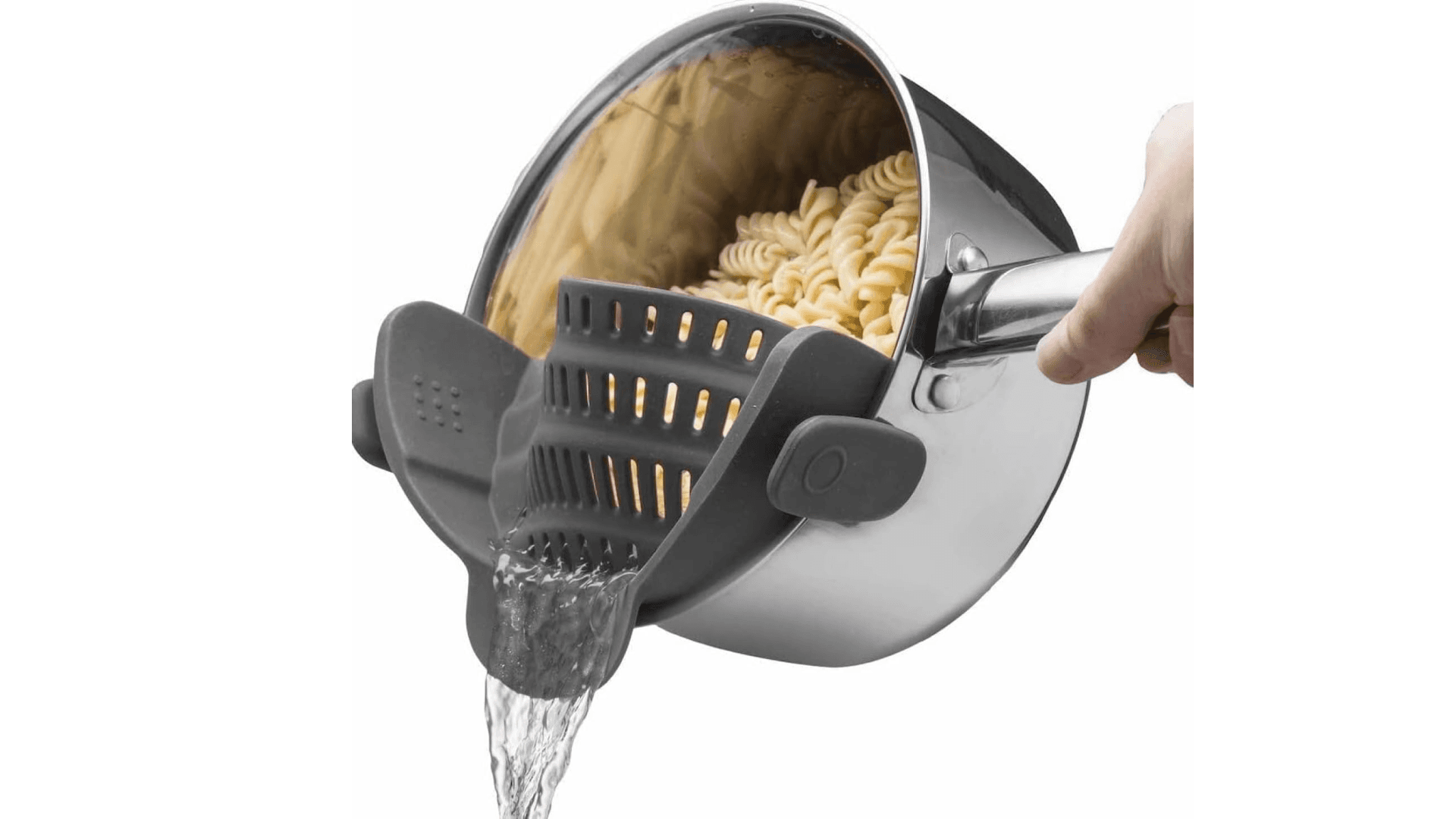 Kitchen Gizmo Snap N' Strain - Silicone Pasta Strainer Clip-On for Pots and Pans - Heat Resistant Colander for Vegetables and Noodles - Kitchen Gadgets for Cooking - Space-Saving Design - Gray