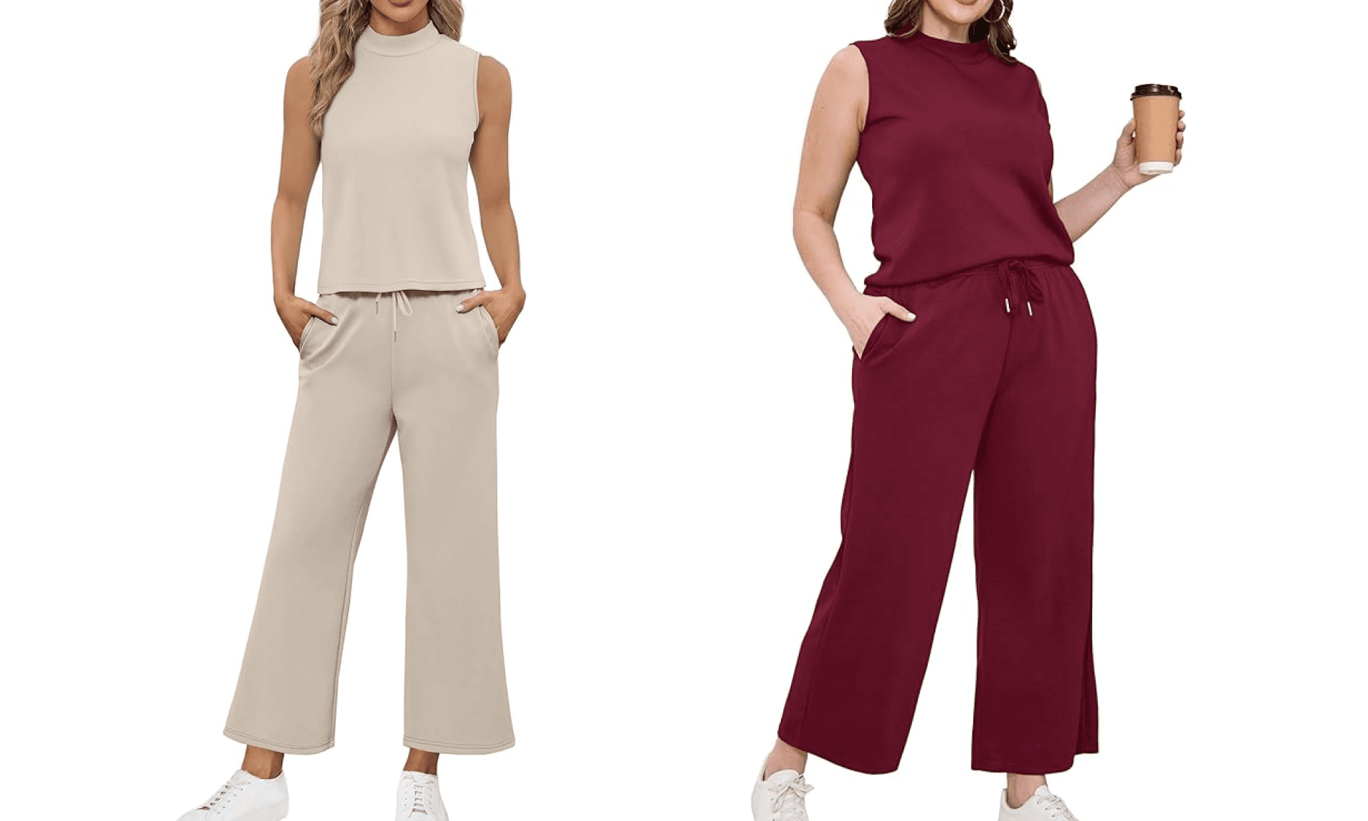 SAMPEEL Two Piece Set for Women Summer Outfits Vacation Trendy Lounge Sets Mock Neck Matching Sets Women Clothing Wide Leg Crop Pants Set Travel Airport Sweat Set