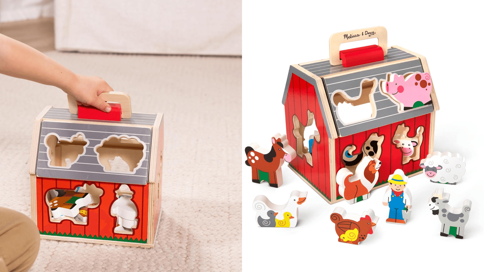 Melissa & Doug Take-Along Wooden Toy Barn, 11-Pc Portable Toddler Playset with Farm Animals & Pop-Up Roof, Preschool Learning Toys for Girls & Boys 2+