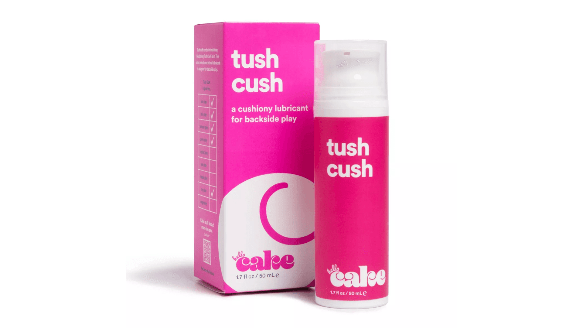 Pink box and bottle with "tush cush" and Hello Cake logo in white