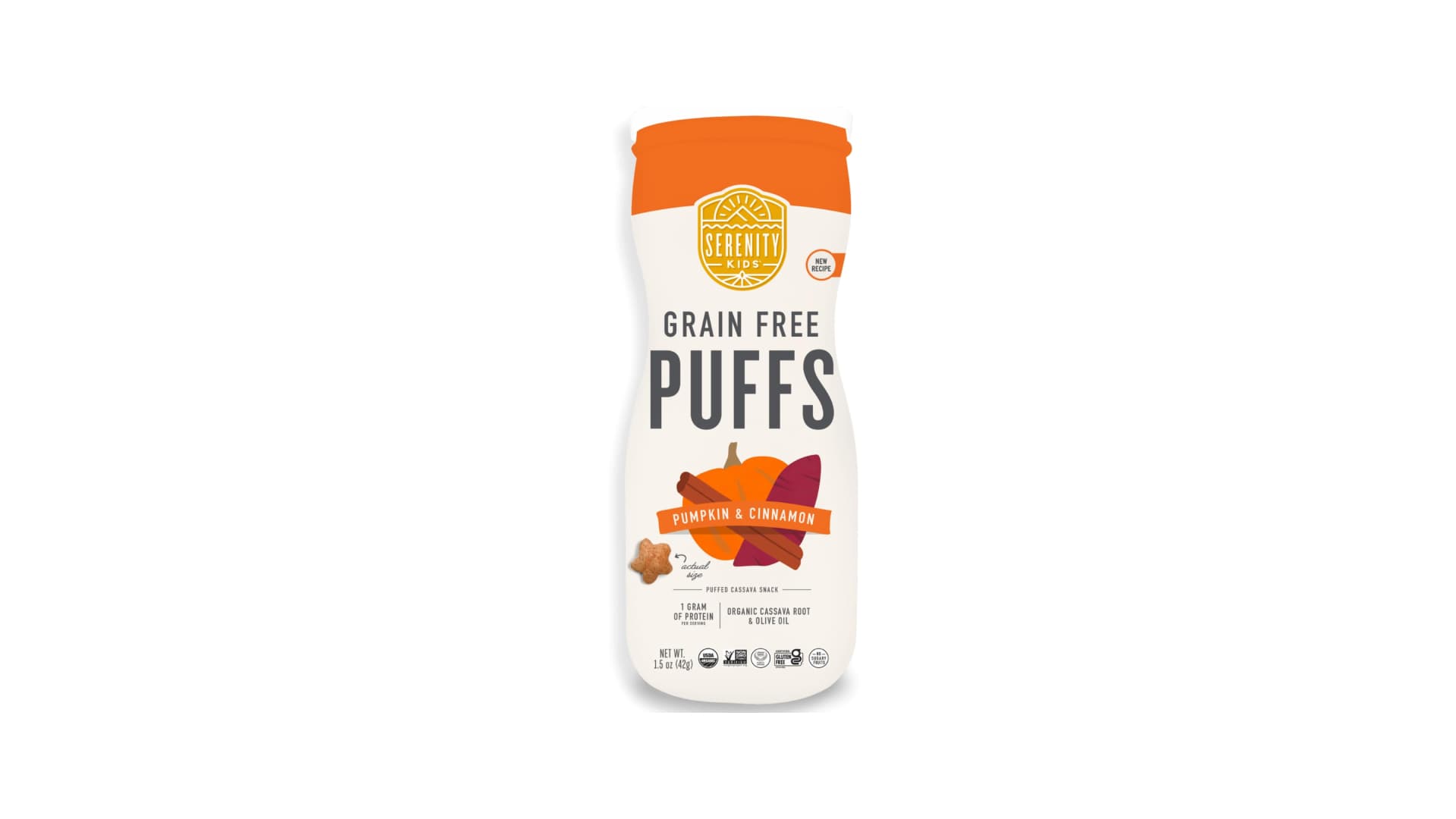 Serenity Kids 6+ Months Grain Free Puffs Toddler & Baby Snack | No Added Sugar, Gluten & Rice Free, Allergen Free | Made with Organic Cassava, Veggies, and Herbs | Pumpkin & Cinnamon | 1 Count
