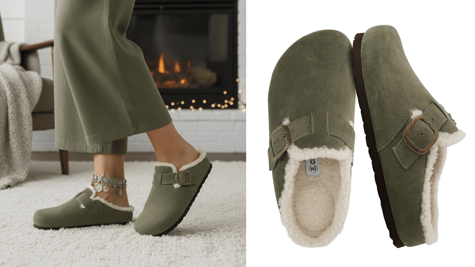 CUSHIONAIRE Haven Genuine Leather Clogs for Women – Faux Fur Lined Slip-On Womens Shoes with Cork Footbed and Adjustable Buckle, Khaki 7