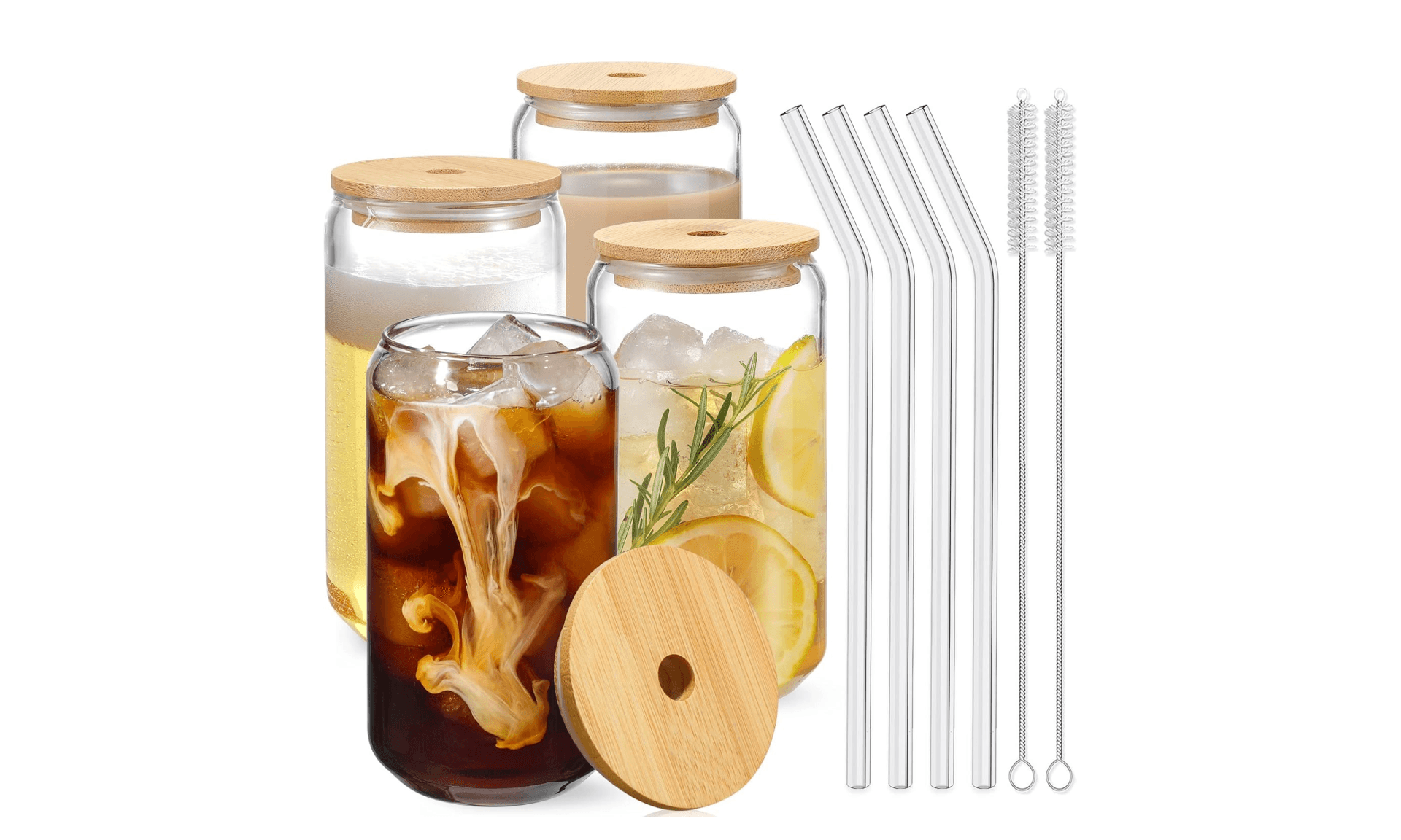 Drinking Glasses with Bamboo Lids and Glass Straw 4pcs Set - 16oz Glass Cups, Iced Coffee Glasses, Cute iced Tea Glasses, Beer Glasses, Ideal for Coffee Bar Accessories, Aesthetic Gift - 2 Brushes