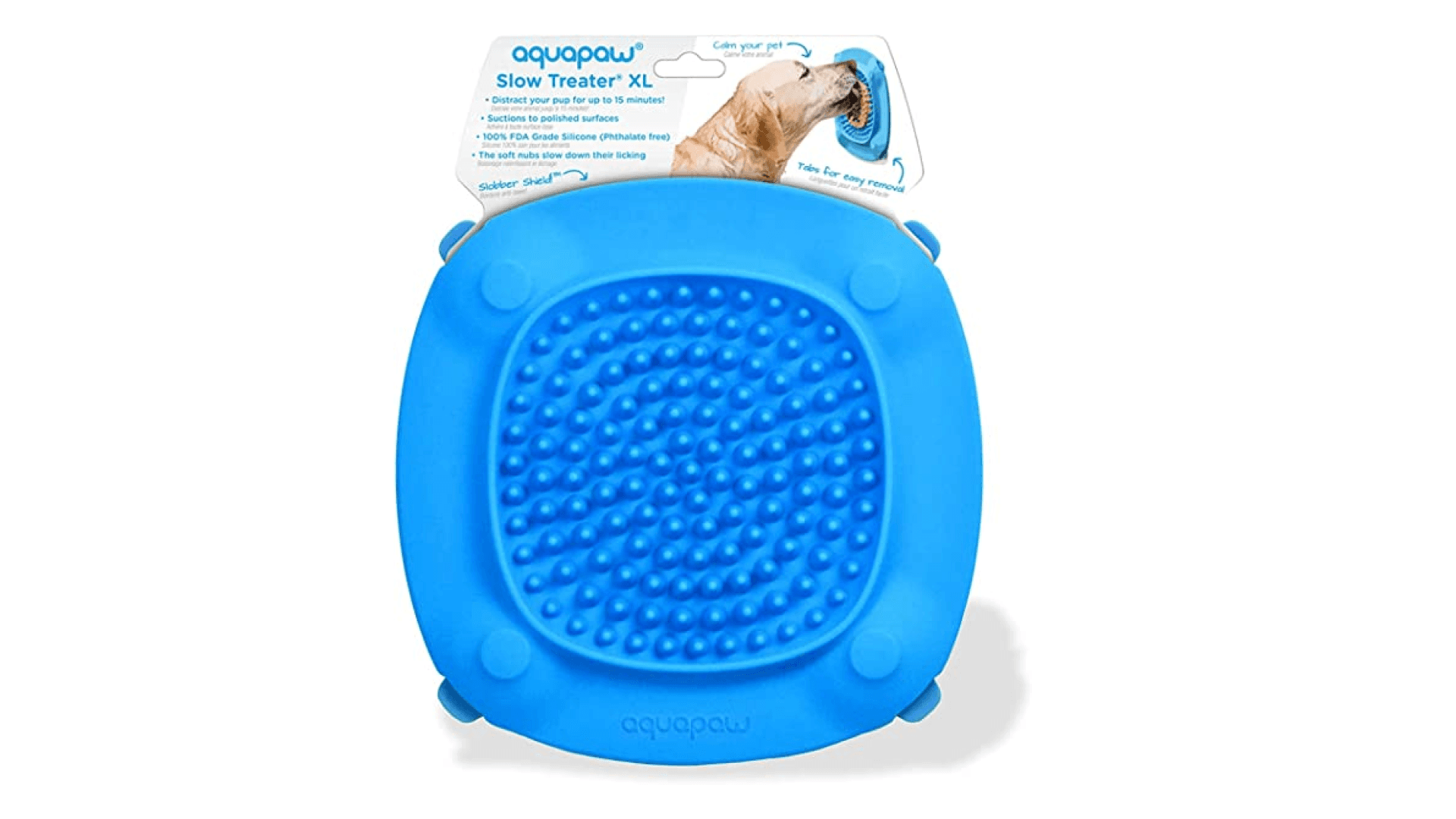 Blue mat with peanut butter on it, golden retriever licking mat