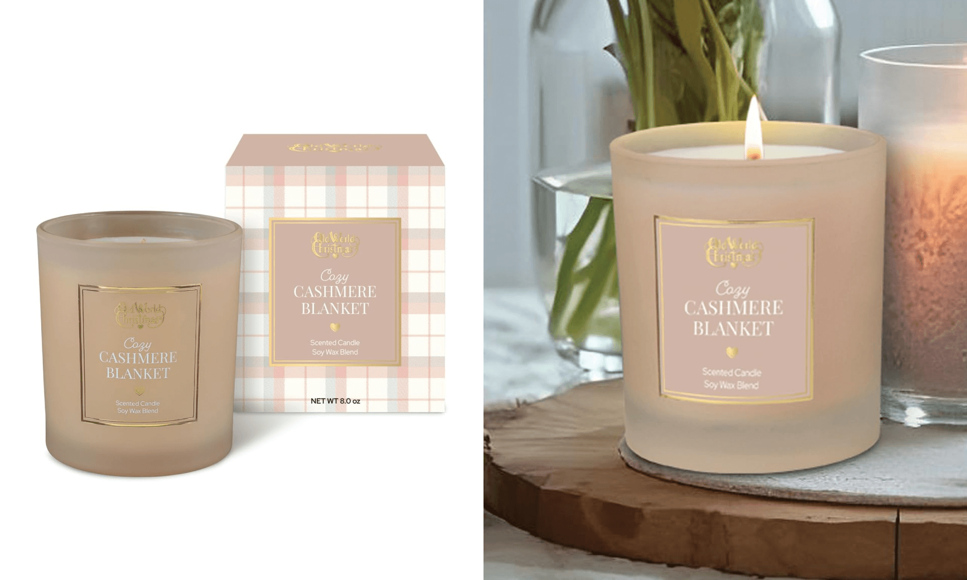 Old World Christmas Cozy Cashmere Blanket Candle, Hand‑Poured 8oz Soy Wax Blend with Bergamot, Violet & Cashmere Scent, 60 Hour Burn, Vegan & Cruelty‑Free