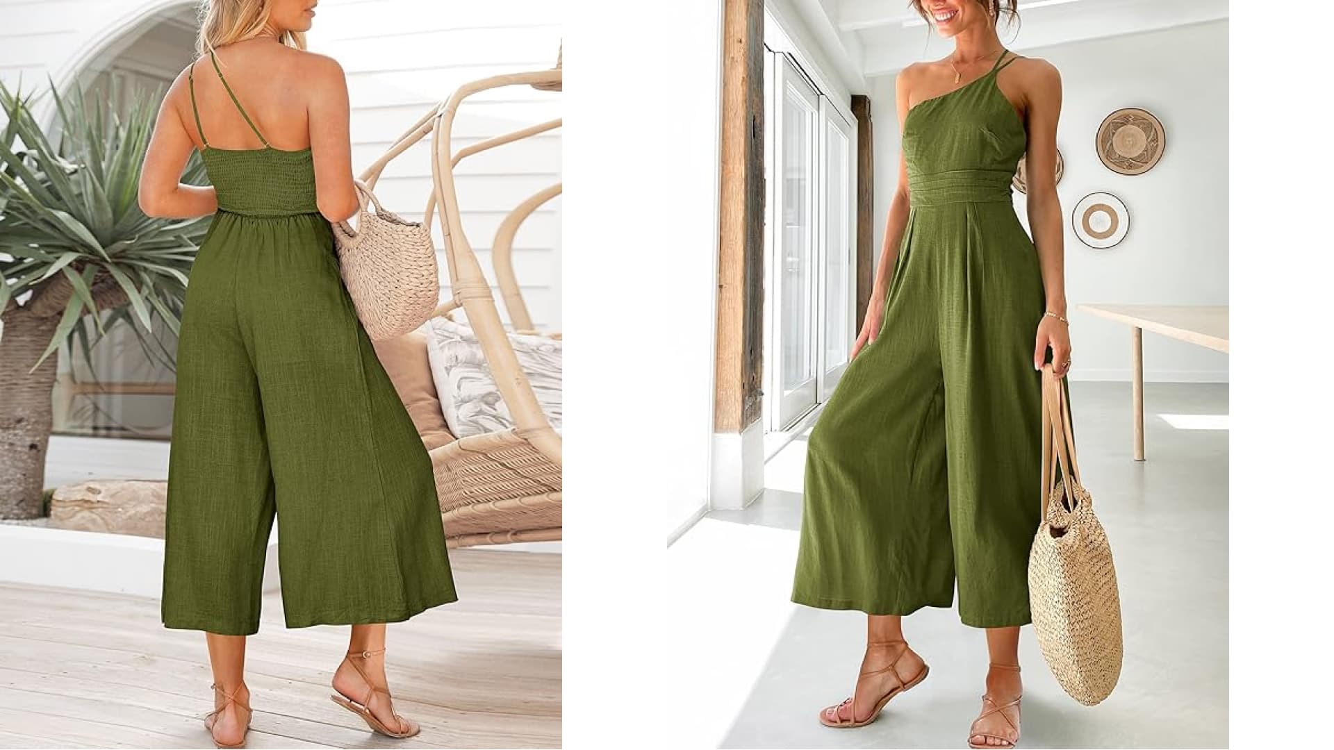 A one-shoulder linen jumpsuit