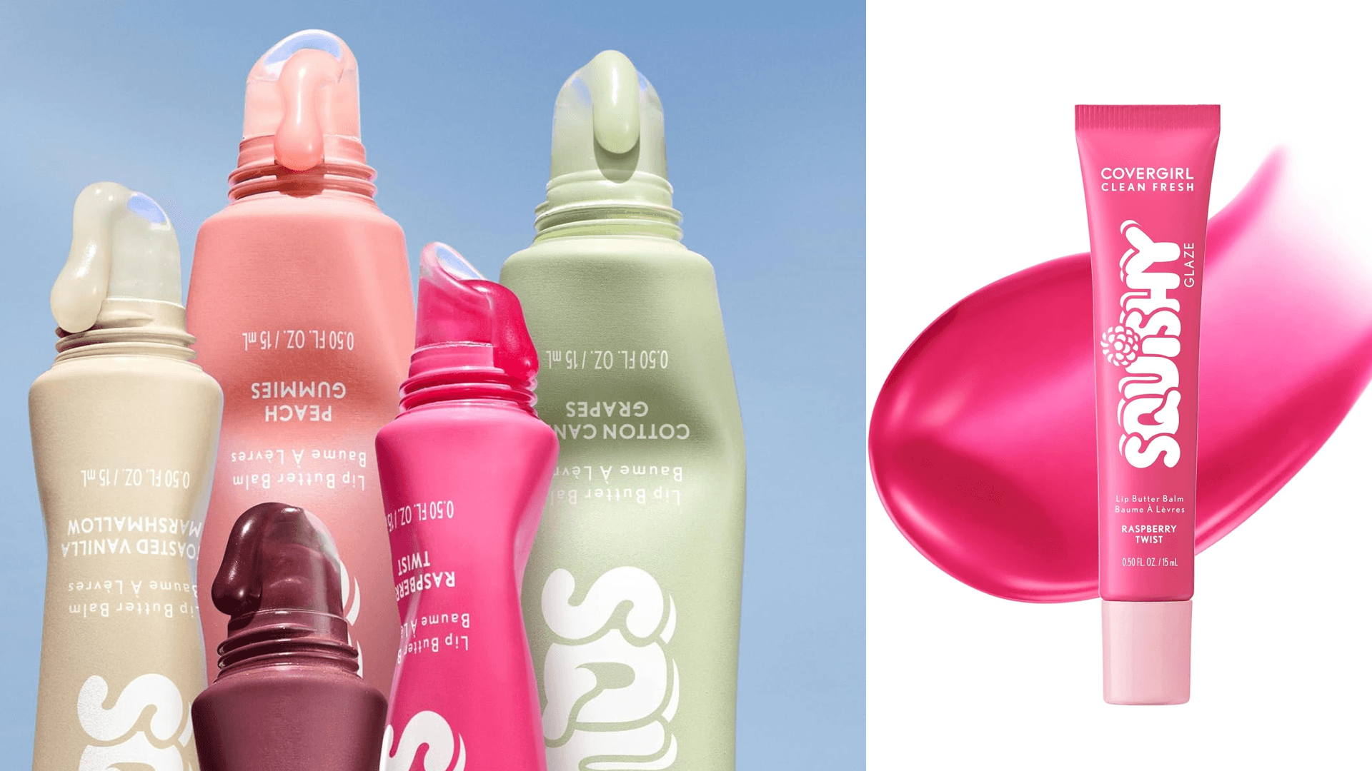 COVERGIRL Clean Fresh Squishy Glaze™ Lip Butter Balm, Flavored, Non-Sticky, with Vitamin E & Shea Butter – 100 Raspberry Twist (Sheer Fuchsia)