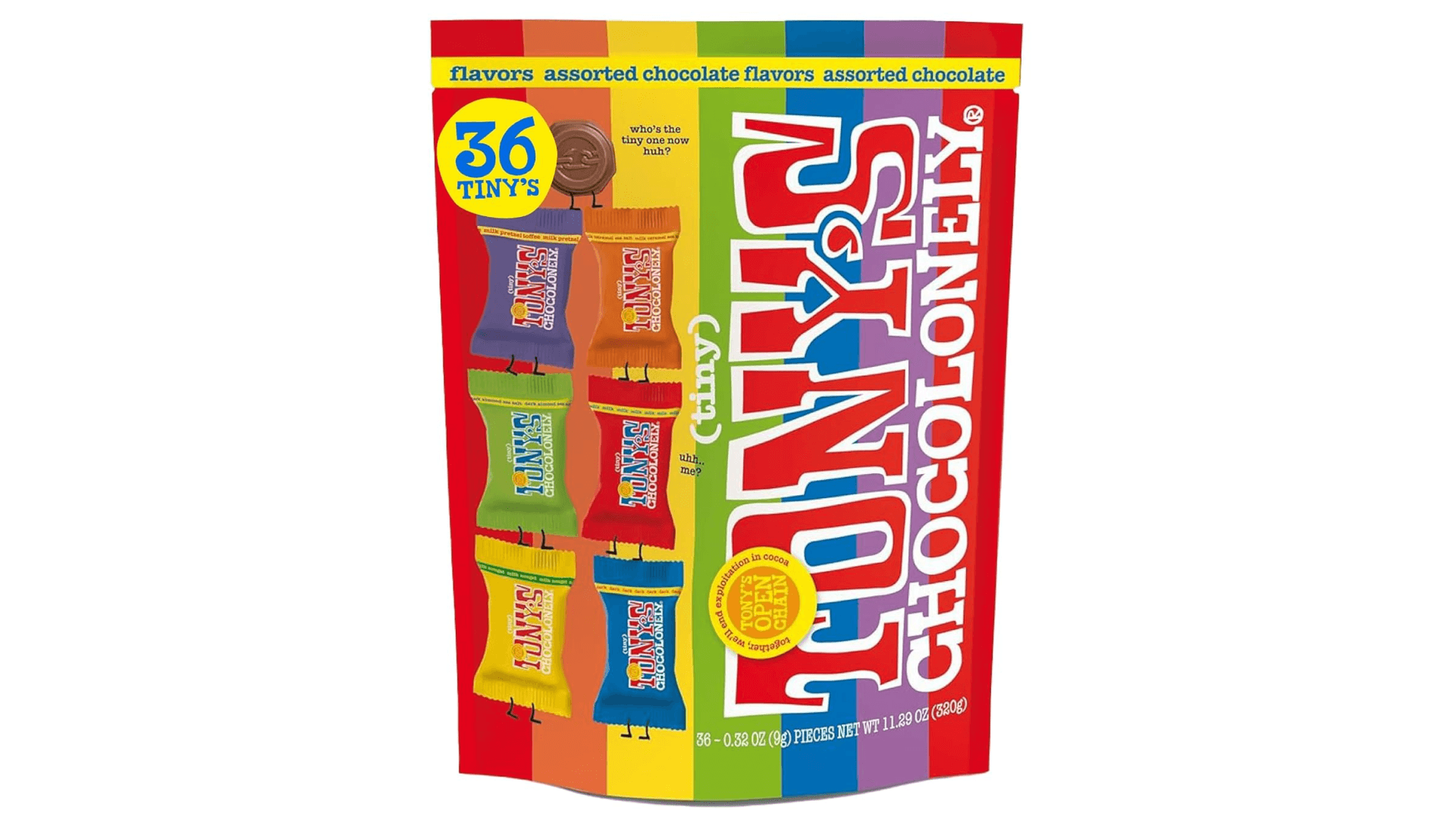 Tony’s Chocolonely Assorted Chocolate Candy Pieces, Belgian Milk & Dark Chocolate, Caramel Sea Salt, Almond Sea Salt, Honey Almond Nougat, Pretzel Toffee, Quality Fairtrade Cocoa, 36 Count, 11.28 Oz