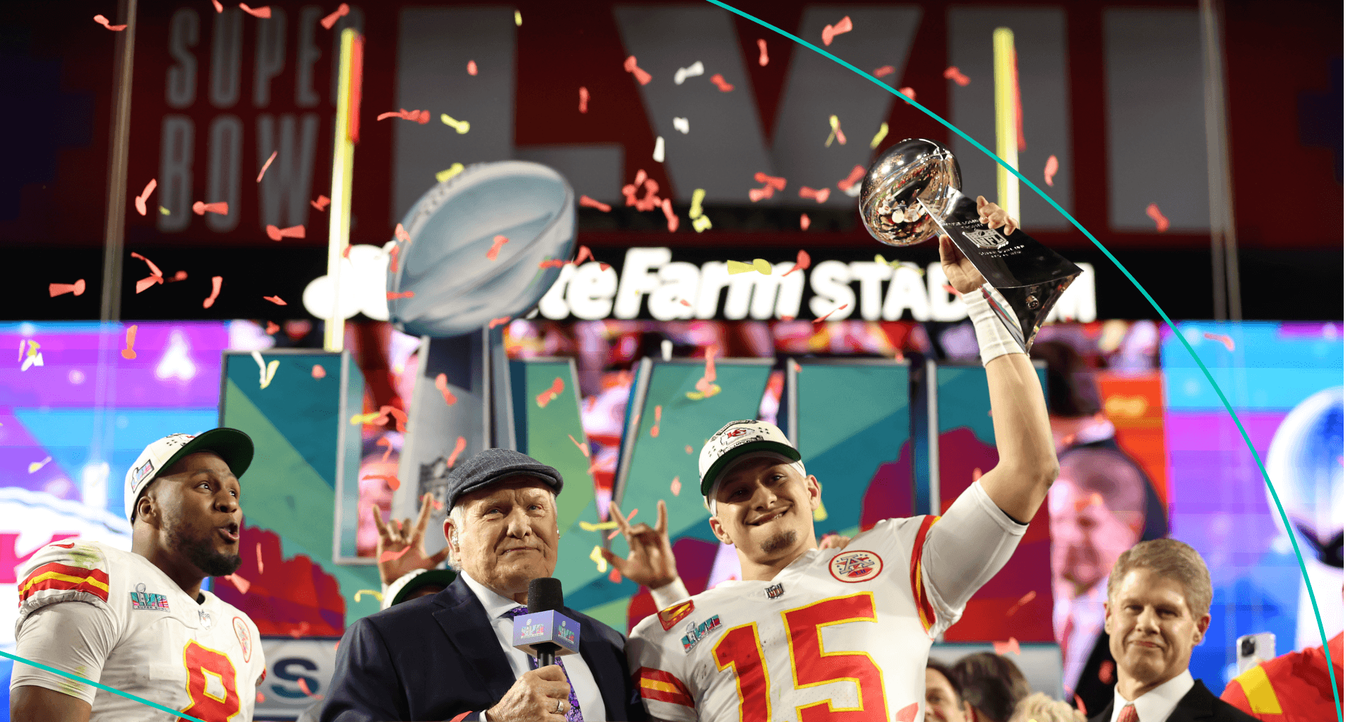 Patrick Mahomes of the Kansas City Chiefs celebrates with the the Vince Lombardi Trophy after defeating the Philadelphia Eagles 38-35 in Super Bowl LVII at State Farm Stadium on February 12, 2023