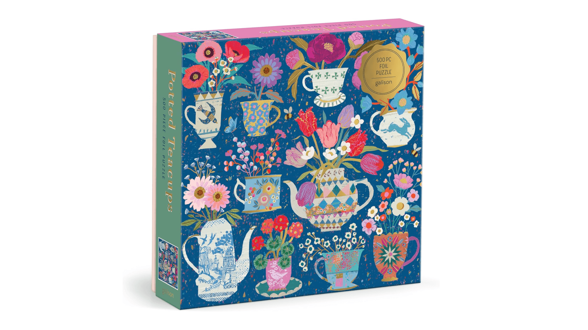 Galison Potted Teacups – 500 Piece Foil Jigsaw Puzzle Featuring Beautiful Artwork of Potted Teacups with Floral Background