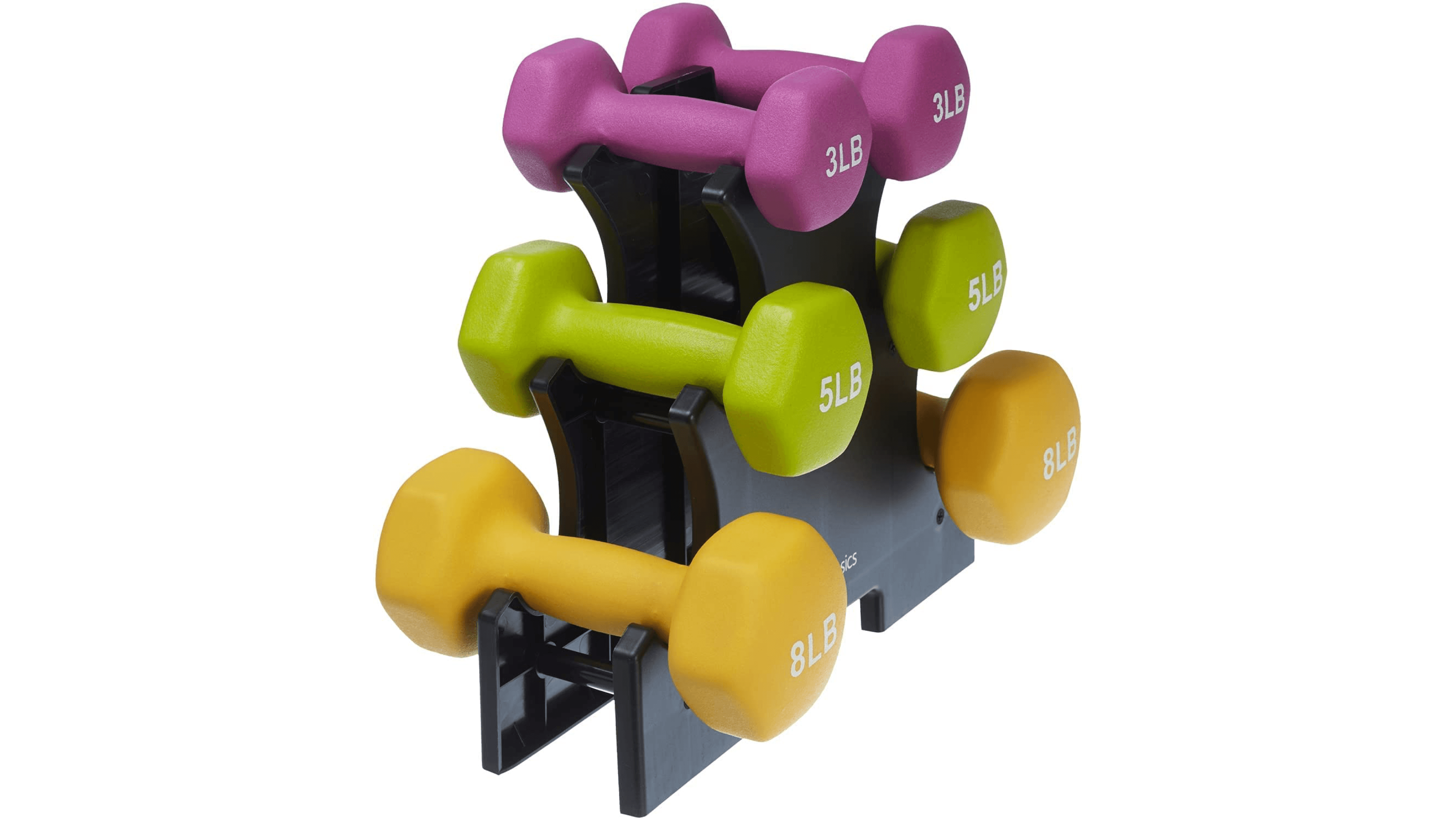 neoprene-coated dumbbells set of three with a rack