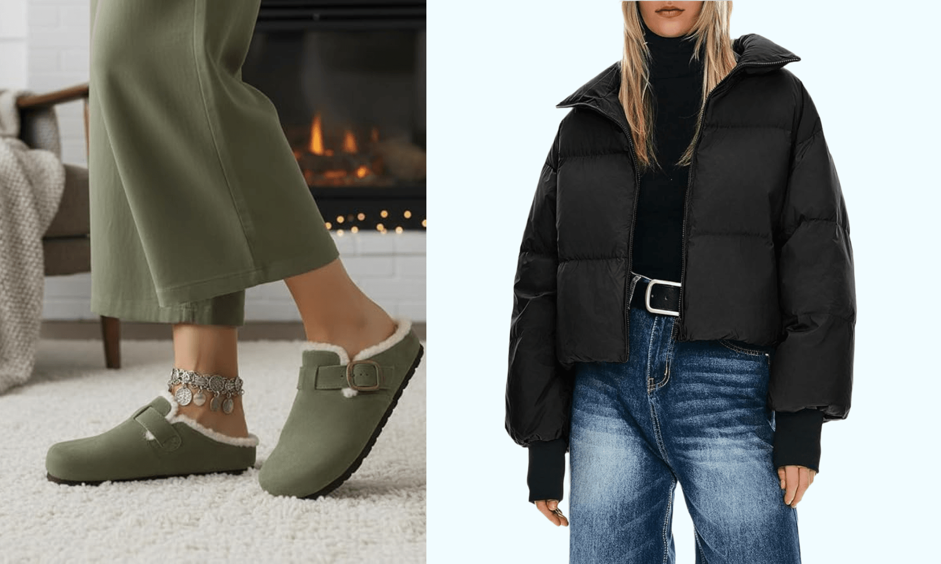 slippers, puffer jacket