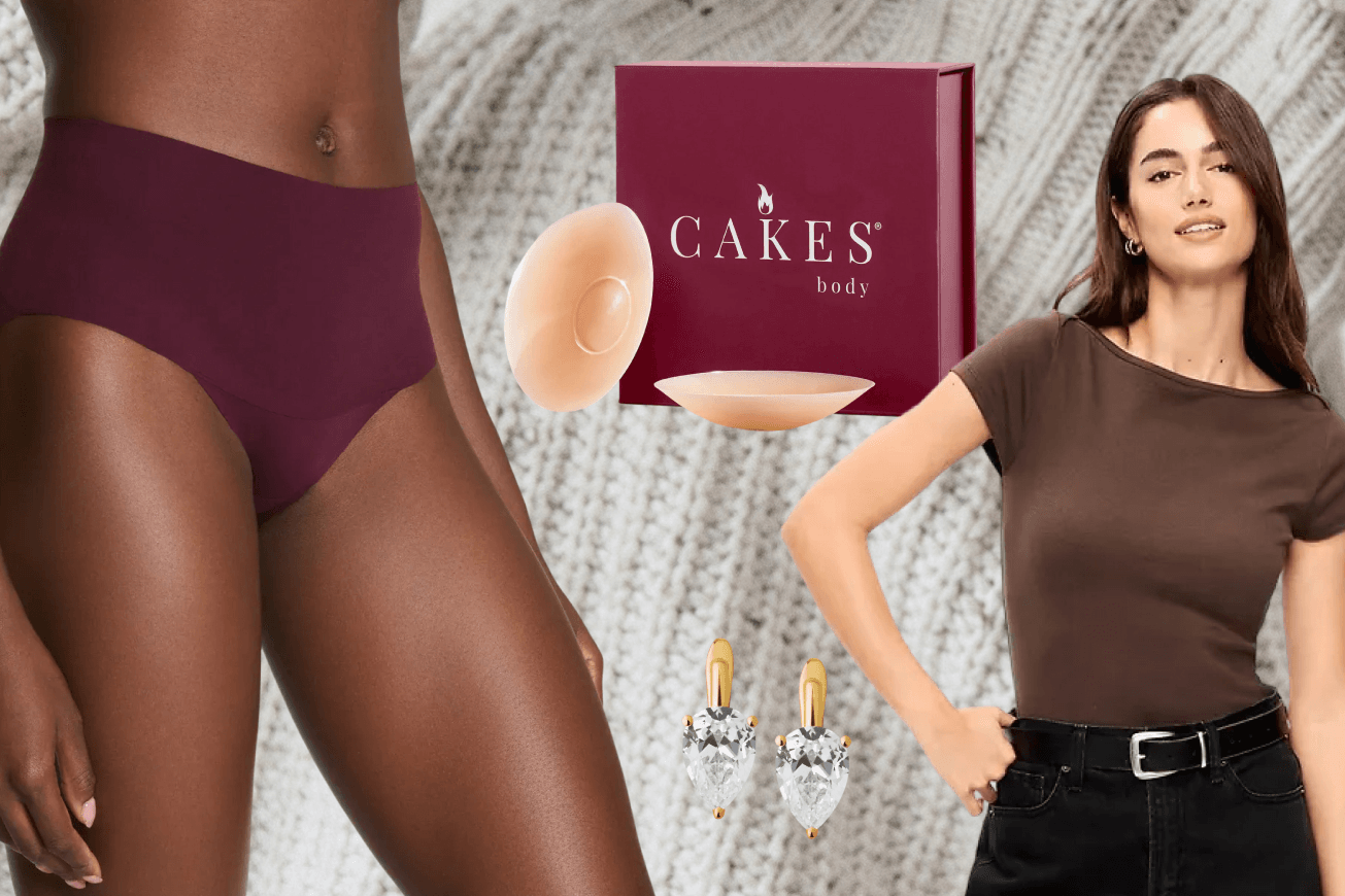 underwear, nipple covers, earrings, T-shirt